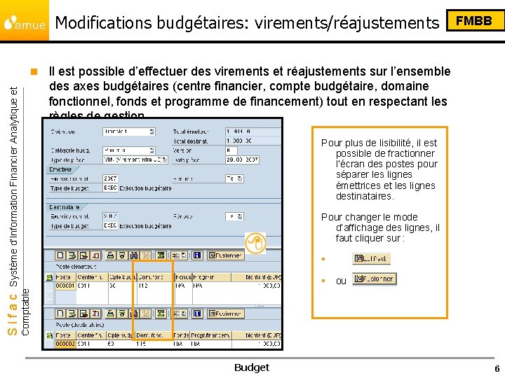 Modifications budgétaires: virements/réajustements Il est possible d’effectuer des virements et réajustements sur l’ensemble des