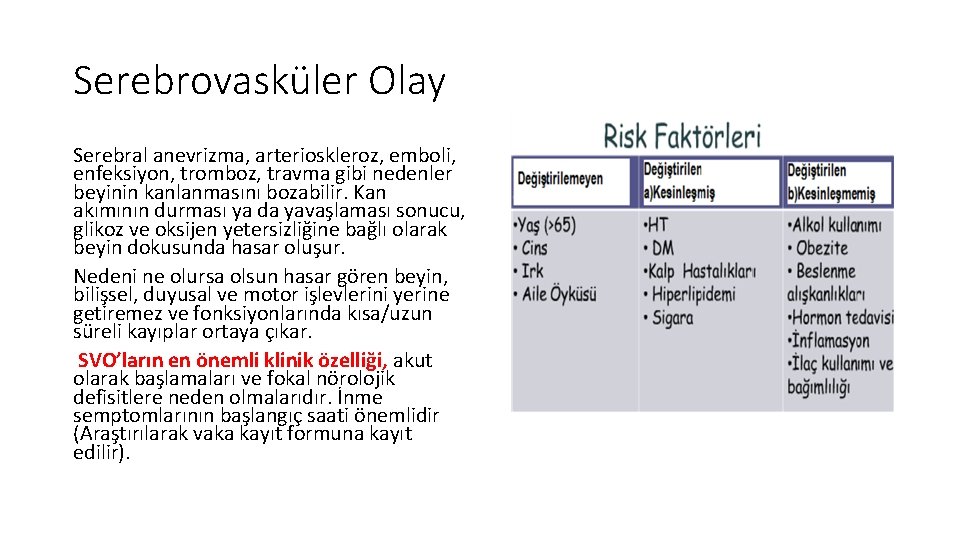 Serebrovasküler Olay Serebral anevrizma, arterioskleroz, emboli, enfeksiyon, tromboz, travma gibi nedenler beyinin kanlanmasını bozabilir.