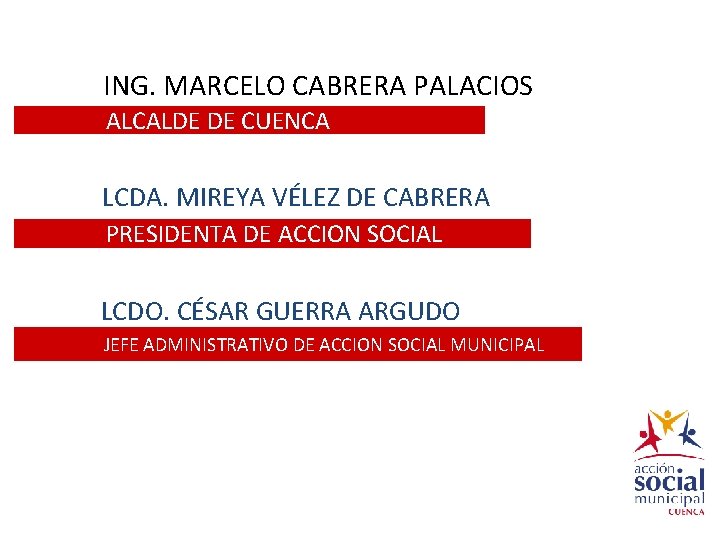 ING. MARCELO CABRERA PALACIOS ALCALDE DE CUENCA LCDA. MIREYA VÉLEZ DE CABRERA PRESIDENTA DE