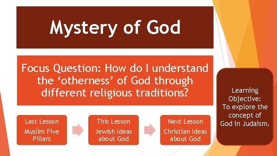 Mystery of God Focus Question: How do I understand the ‘otherness’ of God through