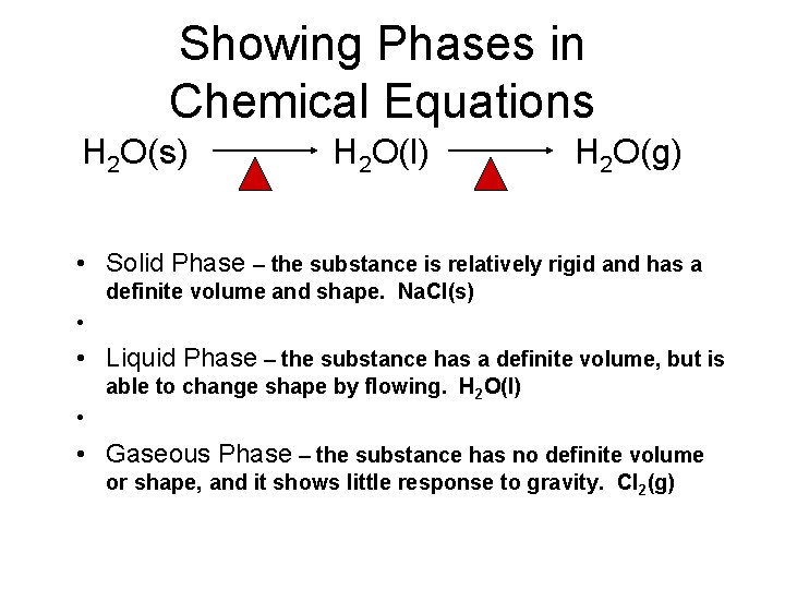 Showing Phases in Chemical Equations H 2 O(s) H 2 O(l) H 2 O(g)