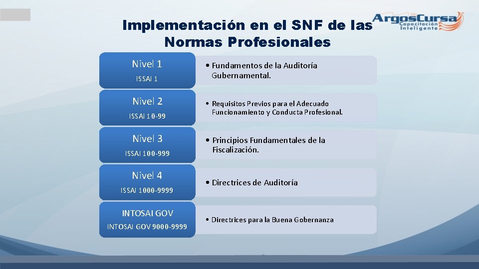 Implementación en el SNF de las Normas Profesionales Nivel 1 ISSAI 1 Nivel 2