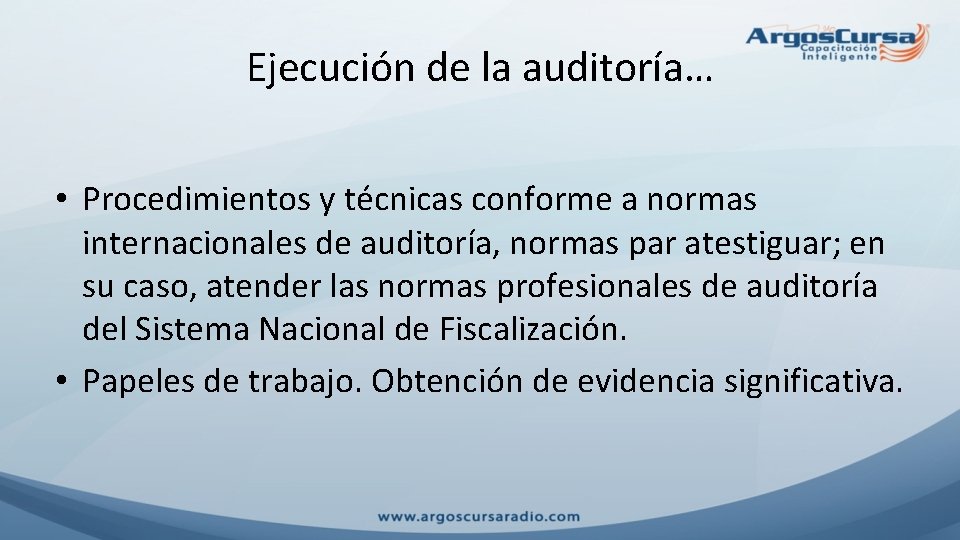 Ejecución de la auditoría… • Procedimientos y técnicas conforme a normas internacionales de auditoría,