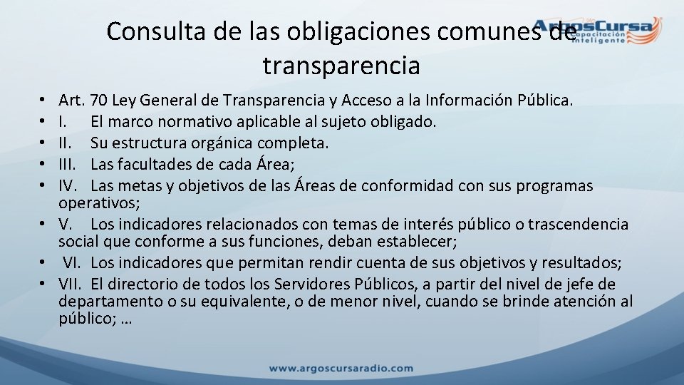 Consulta de las obligaciones comunes de transparencia Art. 70 Ley General de Transparencia y