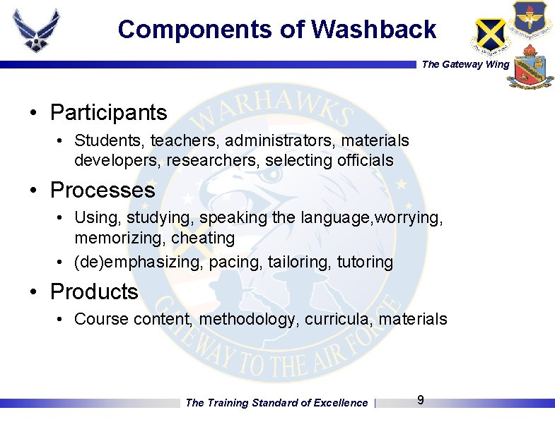 Components of Washback The Gateway Wing • Participants • Students, teachers, administrators, materials developers,