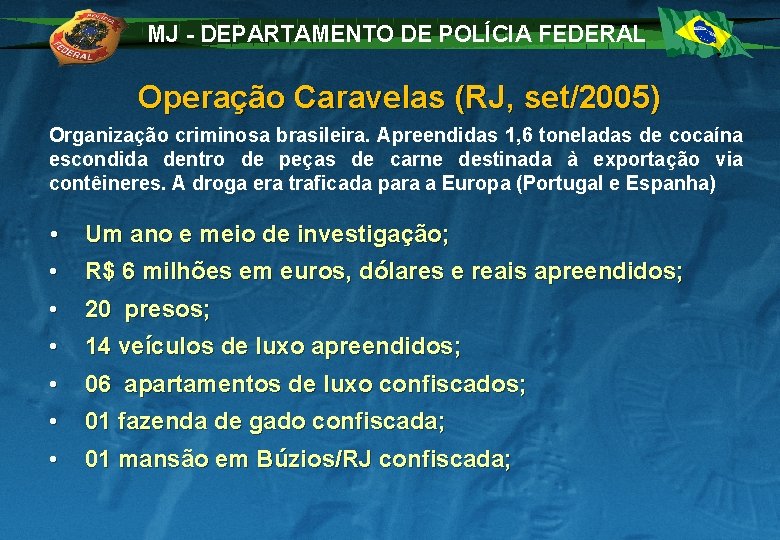 MJ - DEPARTAMENTO DE POLÍCIA FEDERAL Operação Caravelas (RJ, set/2005) Organização criminosa brasileira. Apreendidas