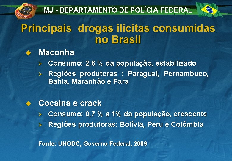 MJ - DEPARTAMENTO DE POLÍCIA FEDERAL Principais drogas ilícitas consumidas no Brasil u Maconha