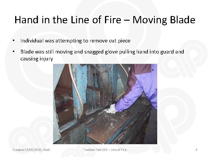 Hand in the Line of Fire – Moving Blade • Individual was attempting to