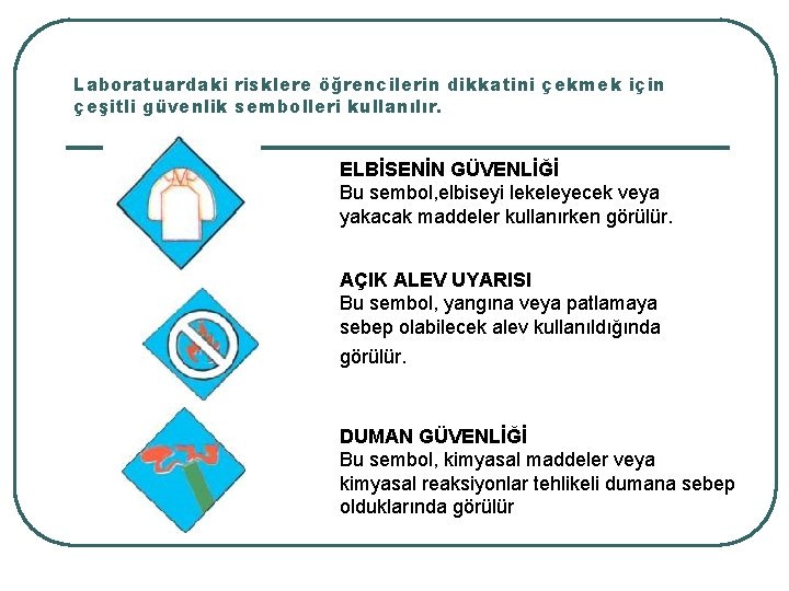 Laboratuardaki risklere öğrencilerin dikkatini çekmek için çeşitli güvenlik sembolleri kullanılır. ELBİSENİN GÜVENLİĞİ Bu sembol,