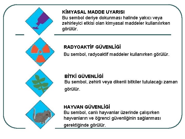 KİMYASAL MADDE UYARISI Bu sembol deriye dokunması halinde yakıcı veya zehirleyici etkisi olan kimyasal