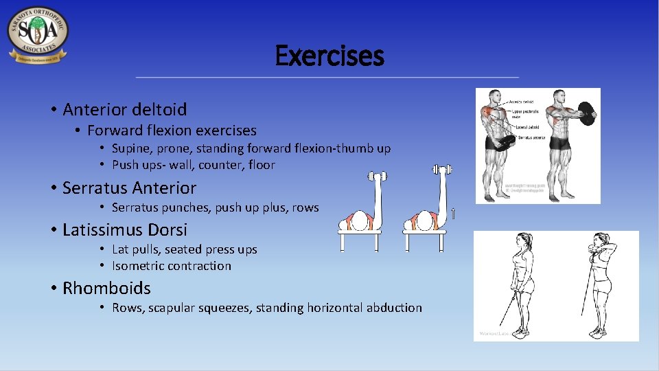 Exercises • Anterior deltoid • Forward flexion exercises • Supine, prone, standing forward flexion-thumb