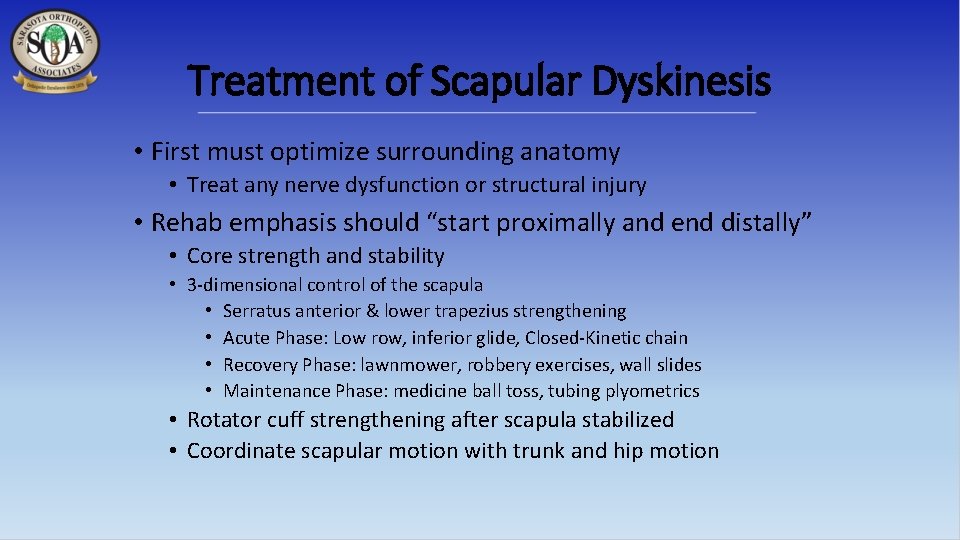 Treatment of Scapular Dyskinesis • First must optimize surrounding anatomy • Treat any nerve