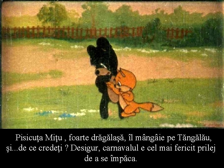 Pisicuţa Miţu , foarte drăgălaşă, îl mângâie pe Tăngălău, şi. . . de ce