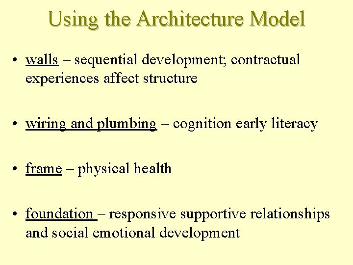 Using the Architecture Model • walls – sequential development; contractual experiences affect structure •