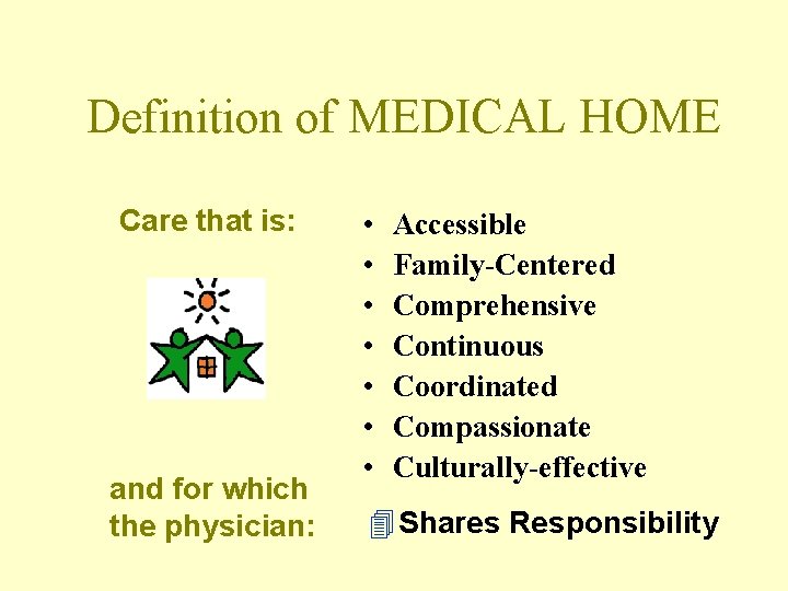 Definition of MEDICAL HOME Care that is: and for which the physician: • •