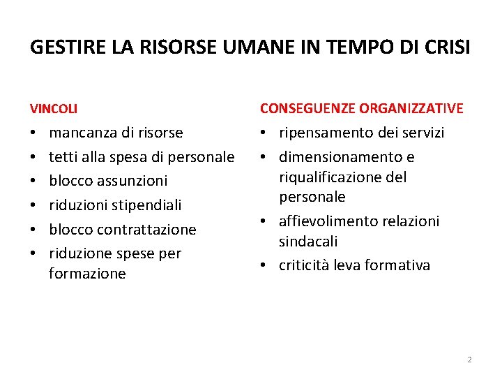 GESTIRE LA RISORSE UMANE IN TEMPO DI CRISI VINCOLI • • • mancanza di