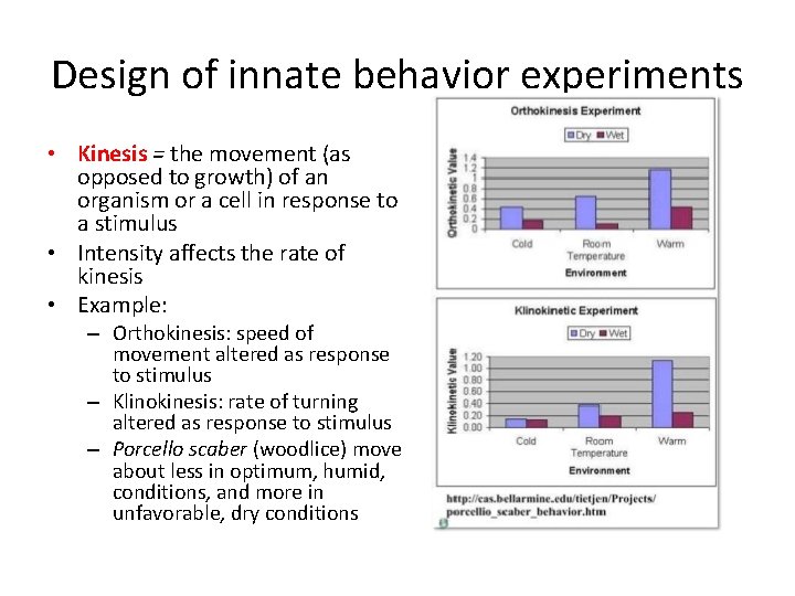 Design of innate behavior experiments • Kinesis = the movement (as opposed to growth)