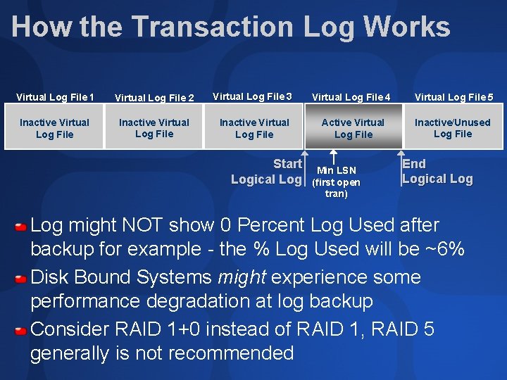 How the Transaction Log Works Virtual Log File 1 Virtual Log File 2 Virtual