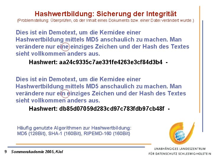 Hashwertbildung: Sicherung der Integrität (Problemstellung: Überprüfen, ob der Inhalt eines Dokuments bzw. einer Datei