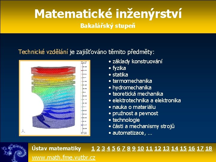 Matematické inženýrství Bakalářský stupeň Technické vzdělání je zajišťováno těmito předměty: • • • Ústav