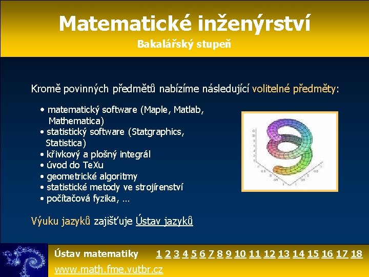 Matematické inženýrství Bakalářský stupeň Kromě povinných předmětů nabízíme následující volitelné předměty: • matematický software
