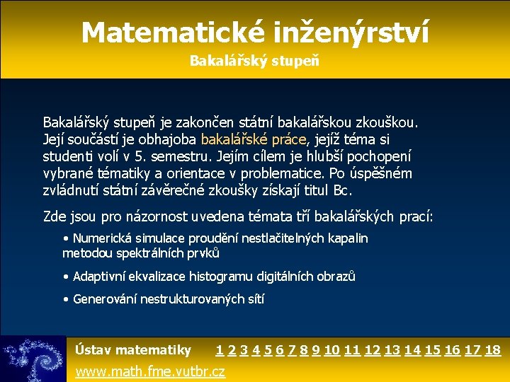 Matematické inženýrství Bakalářský stupeň je zakončen státní bakalářskou zkouškou. Její součástí je obhajoba bakalářské