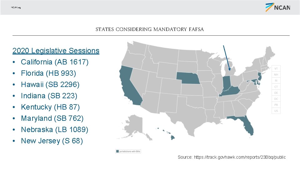 NCAN. org STATES CONSIDERING MANDATORY FAFSA 2020 Legislative Sessions • California (AB 1617) •