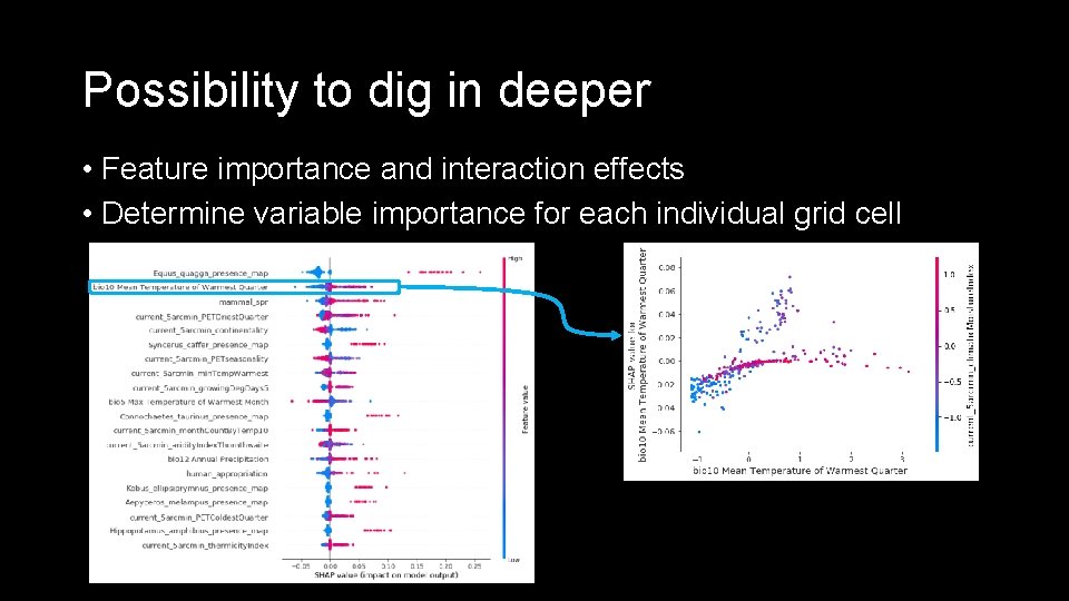 Possibility to dig in deeper • Feature importance and interaction effects • Determine variable