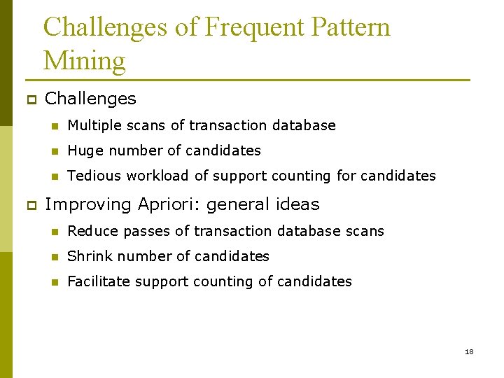 Challenges of Frequent Pattern Mining p p Challenges n Multiple scans of transaction database