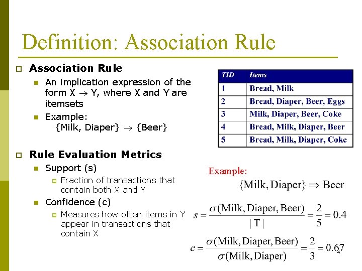 Definition: Association Rule p Association Rule n n p An implication expression of the