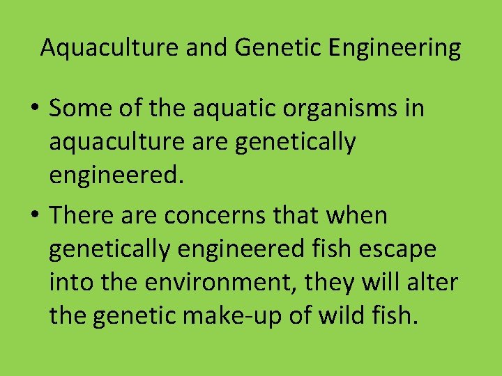 Aquaculture and Genetic Engineering • Some of the aquatic organisms in aquaculture are genetically