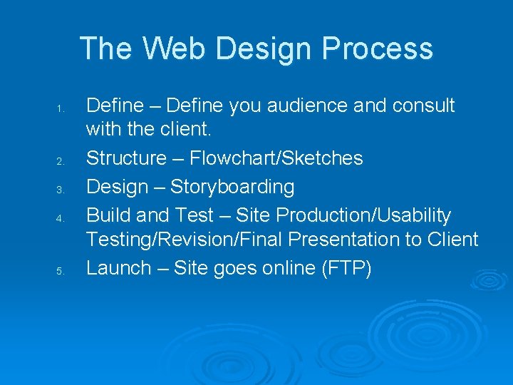 The Web Design Process 1. 2. 3. 4. 5. Define – Define you audience