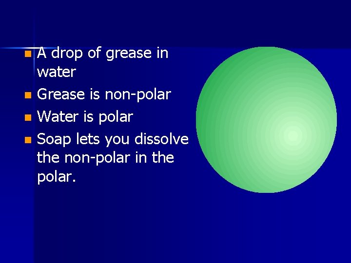 A drop of grease in water n Grease is non-polar n Water is polar
