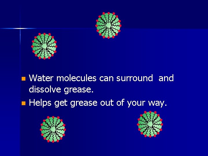 Water molecules can surround and dissolve grease. n Helps get grease out of your