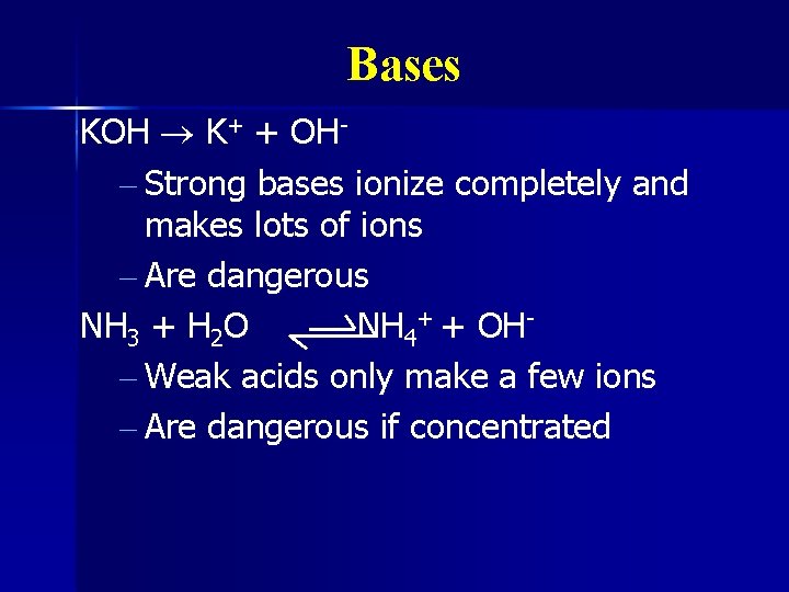 Bases KOH K+ + OH– Strong bases ionize completely and makes lots of ions