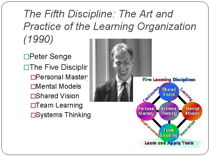 The Fifth Discipline: The Art and Practice of the Learning Organization (1990) �Peter Senge The Fifth Discipline: The Art and Practice of the Learning Organization (1990) �Peter Senge