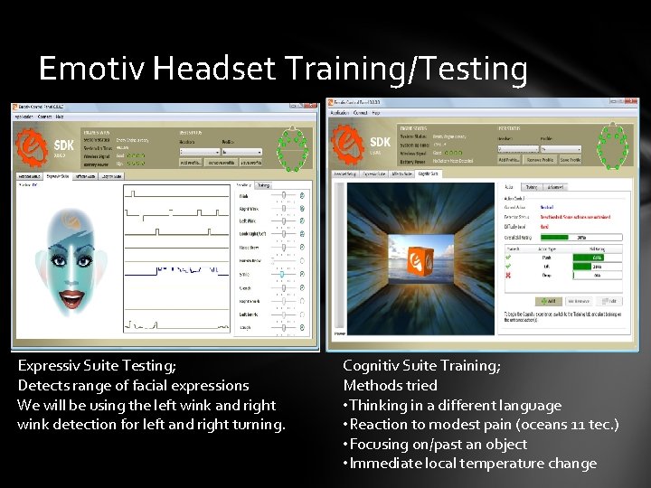Emotiv Headset Training/Testing Expressiv Suite Testing; Detects range of facial expressions We will be