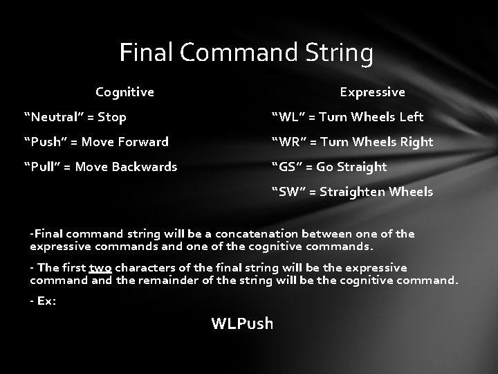 Final Command String Cognitive Expressive “Neutral” = Stop “WL” = Turn Wheels Left “Push”