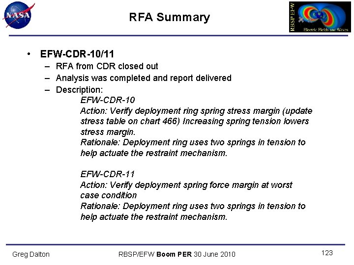RFA Summary • EFW-CDR-10/11 – RFA from CDR closed out – Analysis was completed