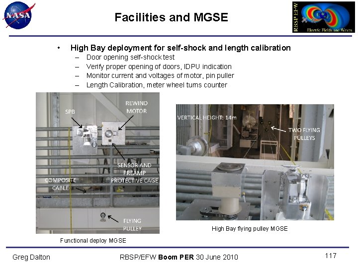 Facilities and MGSE • High Bay deployment for self-shock and length calibration – –