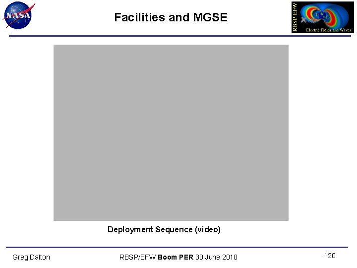 Facilities and MGSE Deployment Sequence (video) Greg Dalton RBSP/EFW Boom PER 30 June 2010