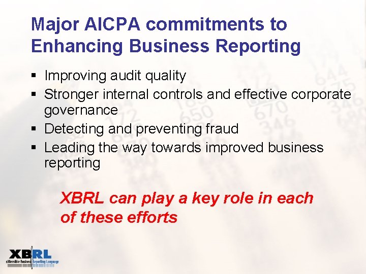 Major AICPA commitments to Enhancing Business Reporting § Improving audit quality § Stronger internal