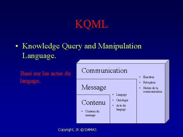 KQML • Knowledge Query and Manipulation Language. Basé sur les actes du langage. Communication