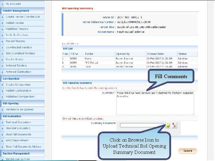 Fill Comments Click on Browse Icon to Upload Technical Bid Opening Summary Document 