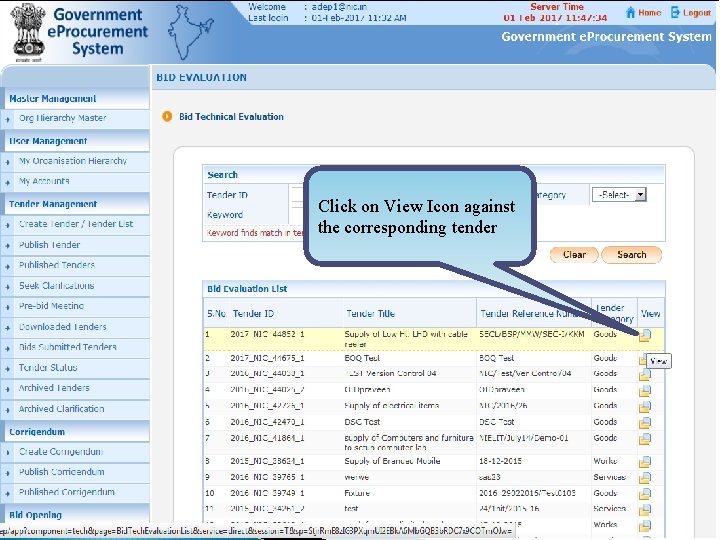 Click on View Icon against the corresponding tender 