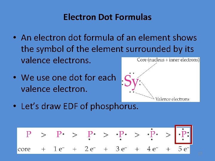 Electron Dot Formulas • An electron dot formula of an element shows the symbol