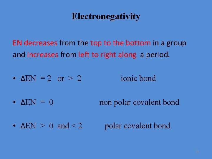 Electronegativity EN decreases from the top to the bottom in a group and increases