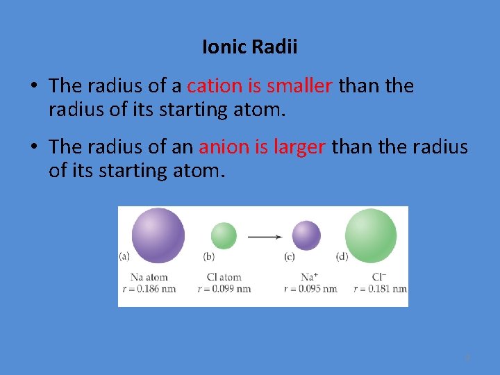 Ionic Radii • The radius of a cation is smaller than the radius of