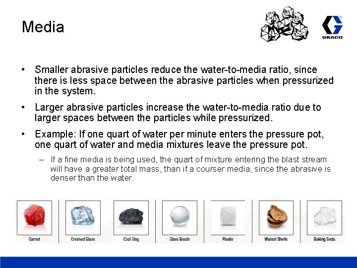 Media • Smaller abrasive particles reduce the water-to-media ratio, since there is less space