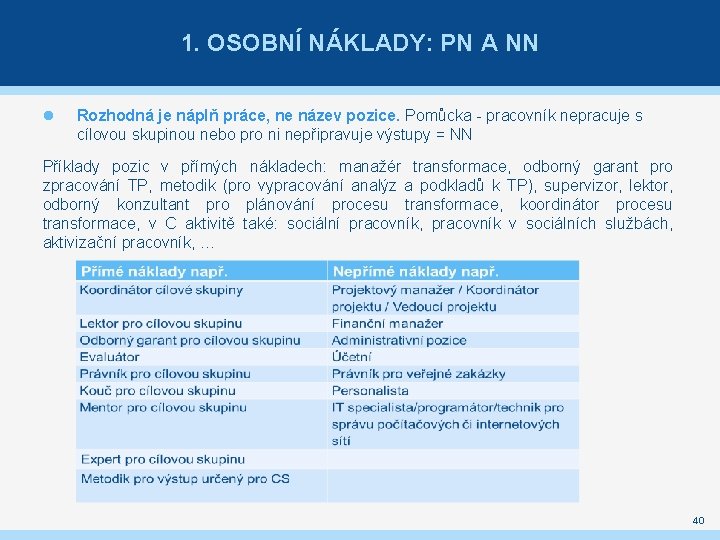 1. OSOBNÍ NÁKLADY: PN A NN Rozhodná je náplň práce, ne název pozice. Pomůcka
